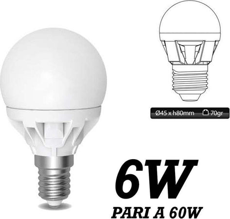 LAMPADA LED 6W WATT E14 490 LUMEN BIANCO CALDO 3000°K SFERA GLOBO OPACA Illuminazione/Lampadine/Lampadine a LED Trade Shop italia - Napoli, Commerciovirtuoso.it
