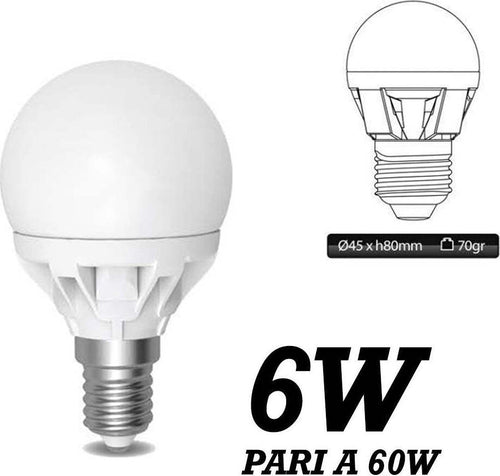 LAMPADA LED 6W WATT E14 490 LUMEN BIANCO CALDO 3000°K SFERA GLOBO OPACA Illuminazione/Lampadine/Lampadine a LED Trade Shop italia - Napoli, Commerciovirtuoso.it