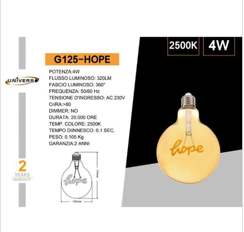 LAMPADA LED A FILAMENTO 4W E27 CON SCRITTA HOPE RETRO' VINTAGE LAMPADINA DECORATIVA