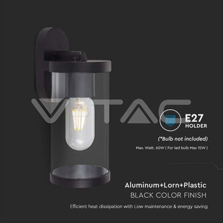 Lampada-LED-da-Giardino-Cilindrica-con-Portalampada-E27-con-Corpo-Nero-Copertura-Trasparente-IP44