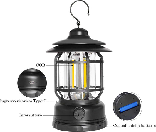 Lampada-LED-Lanterna-ricaricabile-USB-da-campeggio-portatile-Con-gancio-Dimmerabile