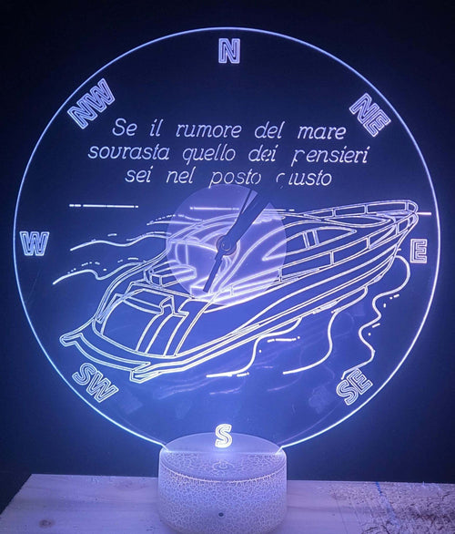 LAMPADA OROLOGIO PLEXIGLASS IDEA REGALO LUCE LED RGB BARCA MARE MARINAIO ROSA DEI VENTI