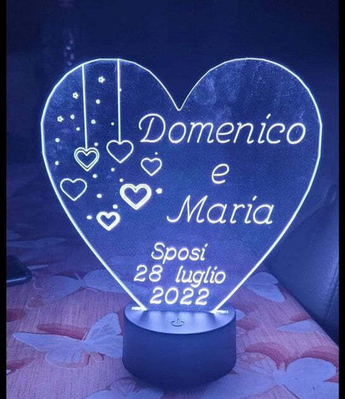 LAMPADA PLEXIGLASS LUCE LED RGB CUORE PER SPOSI MATRIMONIO PROMESSA CERIMONIE PERSONALIZZARE