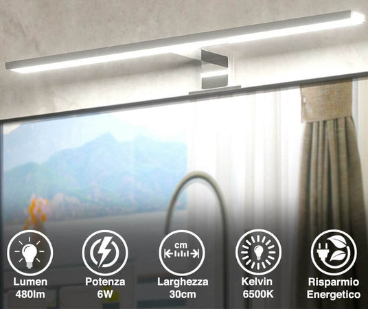 Lampada-Specchio-Bagno-Applique-Parete-30cm-Luce-LED-6W-6500K-480lm-in-Alluminio