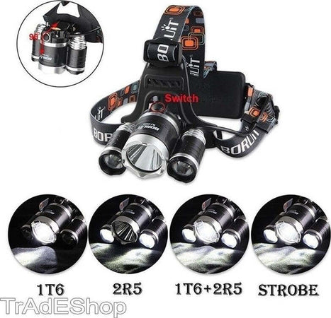 LAMPADA TORCIA FRONTALE LED RICARICABILE 3 LED CREE T6 R5 RJ3000 5000 LUMEN Fai da te/Sicurezza e protezione/Torce/Lampade da testa Trade Shop italia - Napoli, Commerciovirtuoso.it