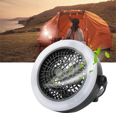Lampada Ventilatore da Campeggio 2 in 1 con Maniglia e Gancio Portatile 12 LED USB