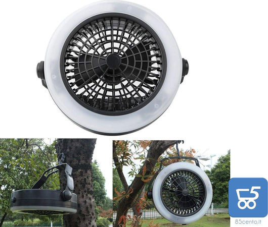 Lampada Ventilatore da Campeggio 2 in 1 con Maniglia e Gancio Portatile 12 LED USB