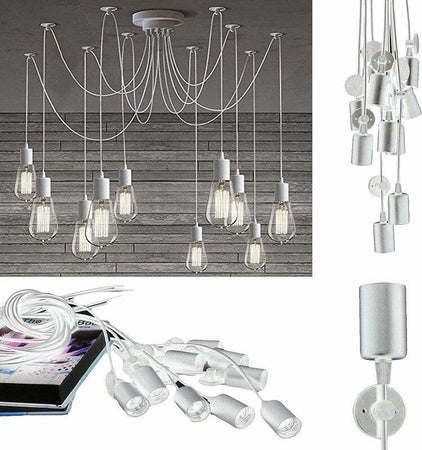 LAMPADARIO 12 PENDENTI LAMPADA RAGNO BIANCO SOFFITTO SOSPENSIONE REGOLABILI PORTALAMPADA E27  Trade Shop italia - Napoli, Commerciovirtuoso.it