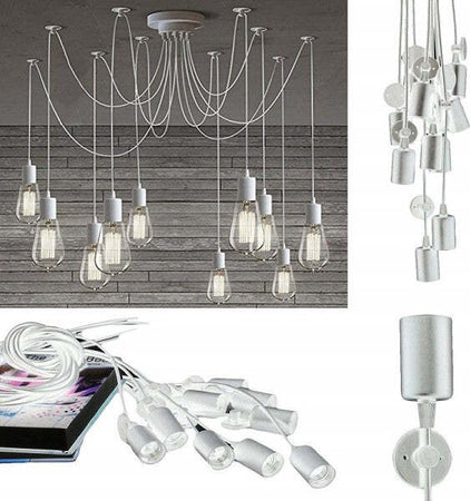Lampadario-12-Pendenti-Lampada-Ragno-Bianco-Soffitto-Sospensione-Regolabili-Portalampada-E27