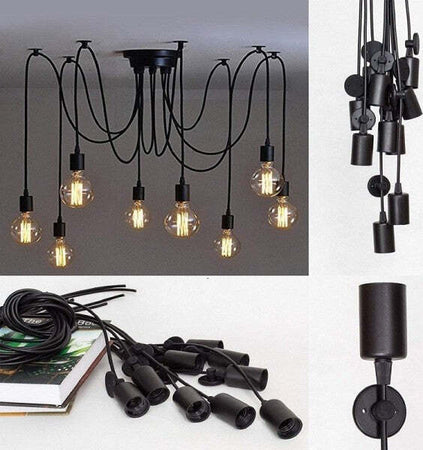 Lampadario-12-Pendenti-Lampada-Ragno-Nero-A-Soffitto-Sospensione-Luce-Portalampada-E27