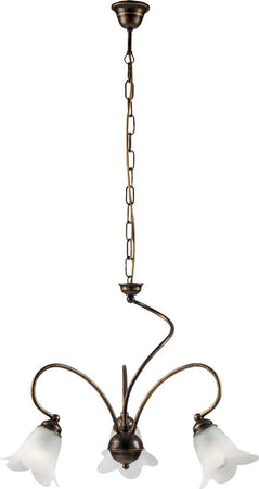 Lampadario-3-Luci-Alice-Ferro-Battuto-Marrone-E-Oro-Vetro-Bianco