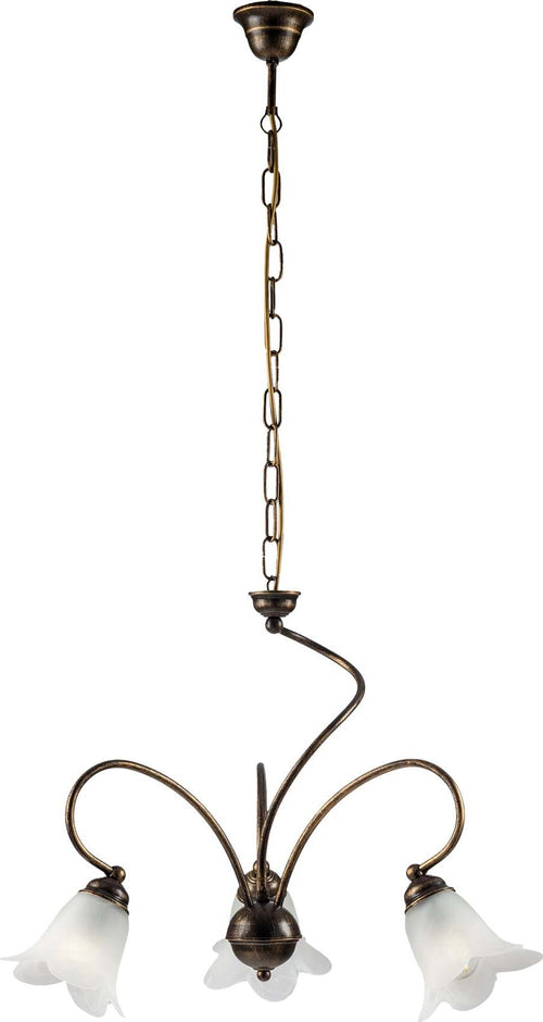 Lampadario-3-Luci-Alice-Ferro-Battuto-Marrone-E-Oro-Vetro-Bianco