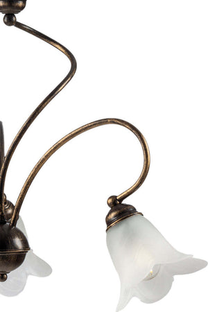 Lampadario-3-Luci-Alice-Ferro-Battuto-Marrone-E-Oro-Vetro-Bianco