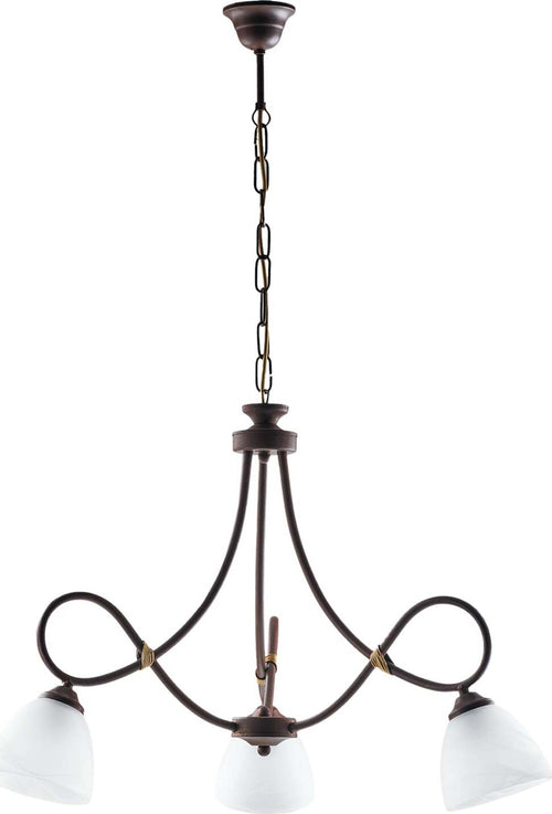 Lampadario-3-Luci-Dallas-Ferro-Battuto-Nero-E-Ruggine-Vetro-Bianco
