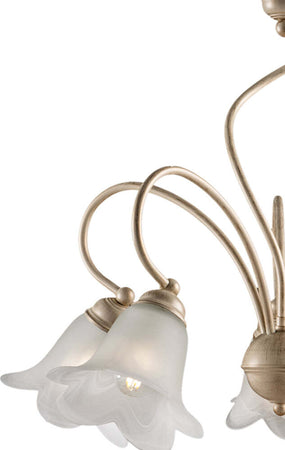 Lampadario-5-Luci-Alice-Ferro-Battuto-Avorio-E-Oro-Vetro-Bianco