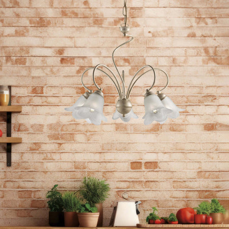 Lampadario-5-Luci-Alice-Ferro-Battuto-Avorio-E-Oro-Vetro-Bianco