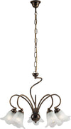 Lampadario-5-Luci-Alice-Ferro-Battuto-Marrone-E-Oro-Vetro-Bianco
