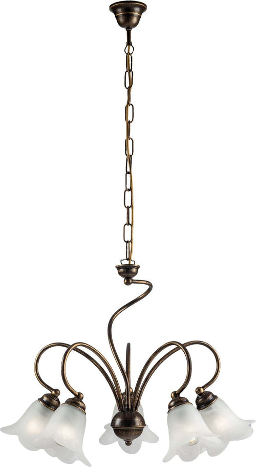 Lampadario-5-Luci-Alice-Ferro-Battuto-Marrone-E-Oro-Vetro-Bianco