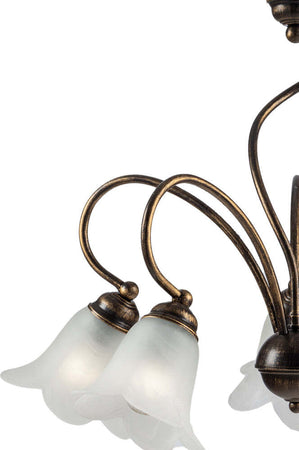 Lampadario-5-Luci-Alice-Ferro-Battuto-Marrone-E-Oro-Vetro-Bianco