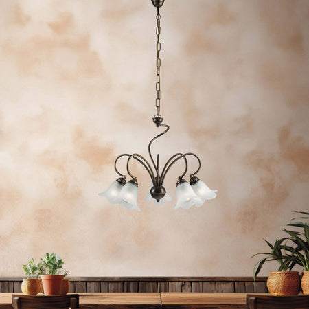 Lampadario-5-Luci-Alice-Ferro-Battuto-Marrone-E-Oro-Vetro-Bianco