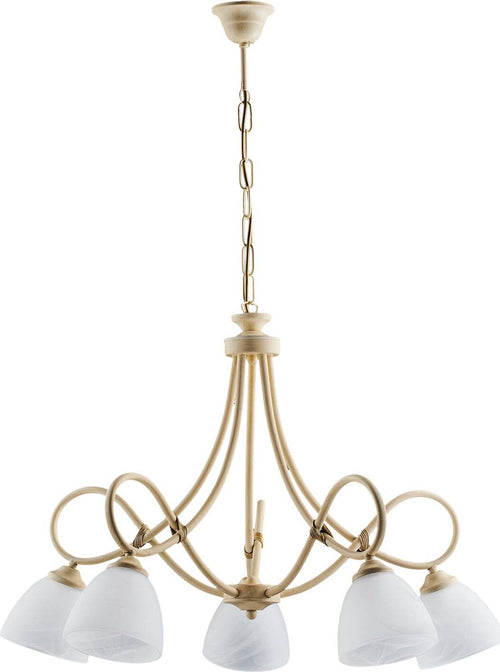 Lampadario-5-Luci-Dallas-Ferro-Battuto-Avorio-Decapè-Vetro-Bianco