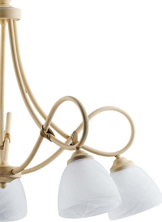Lampadario-5-Luci-Dallas-Ferro-Battuto-Avorio-Decapè-Vetro-Bianco