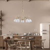 Lampadario-5-Luci-Dallas-Ferro-Battuto-Avorio-Decapè-Vetro-Bianco