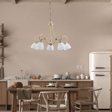 Lampadario-5-Luci-Dallas-Ferro-Battuto-Avorio-Decapè-Vetro-Bianco