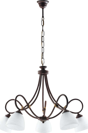 Lampadario-5-Luci-Dallas-Ferro-Battuto-Nero-E-Ruggine-Vetro-Bianco