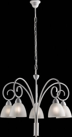 Lampadario-5-Luci-Ferro-Batturo-Bianco-Shabby-e-Vetro-Bianco-Serie-Aurelio