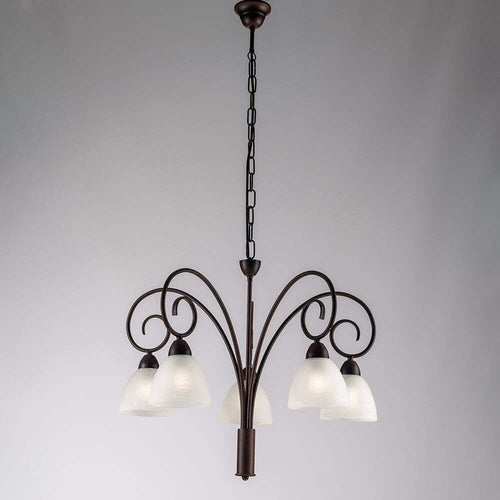 Lampadario-5-Luci-Ferro-Batturo-Nero-e-Ruggine-e-Vetro-Bianco-Serie-Aurelio