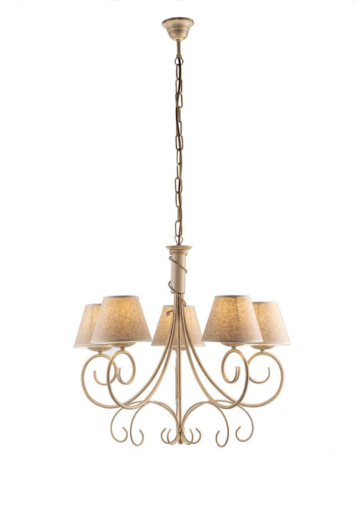Lampadario-5-Luci-Vienna-Ferro-Avorio-E-Oro-Con-Paralumi-In-Pvc