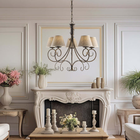 Lampadario-5-Luci-Vienna-Ferro-Marrone-E-Oro-Con-Paralumi-In-Pvc