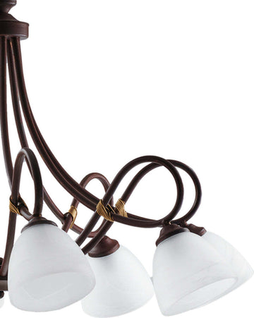Lampadario-8-Luci-Dallas-Ferro-Battuto-Nero-E-Ruggine-Vetro-Bianco