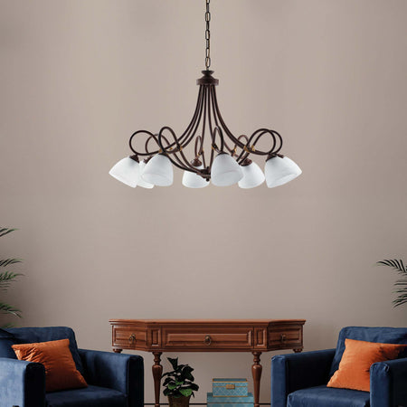 Lampadario-8-Luci-Dallas-Ferro-Battuto-Nero-E-Ruggine-Vetro-Bianco