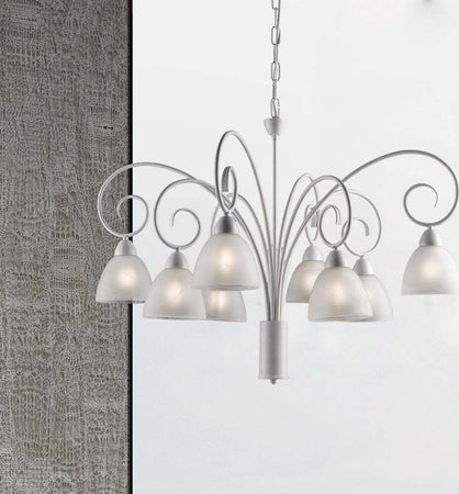 Lampadario-8-Luci-Ferro-Batturo-Bianco-Shabby-e-Vetro-Bianco-Serie-Aurelio