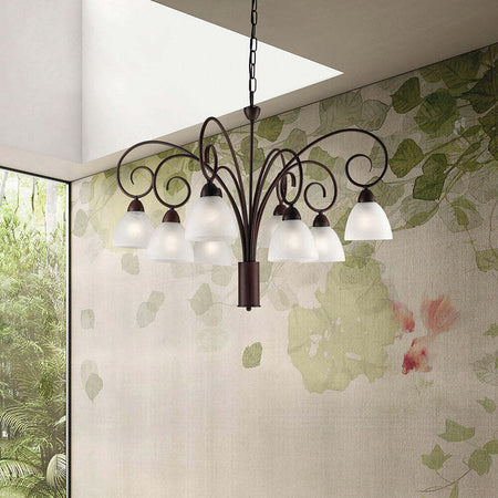 Lampadario-8-Luci-Ferro-Batturo-Nero-e-Ruggine-e-Vetro-Bianco-Serie-Aurelio