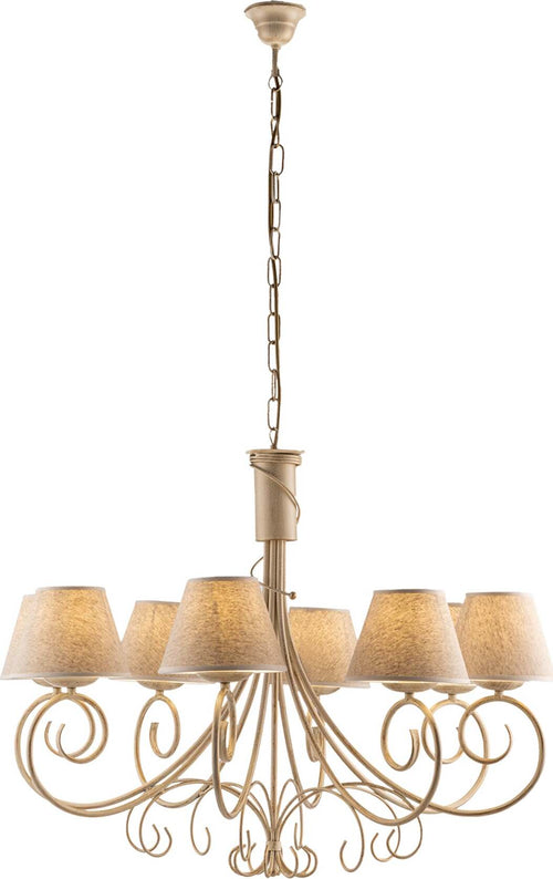 Lampadario-8-Luci-Vienna-Ferro-Avorio-E-Oro-Con-Paralumi-In-Pvc