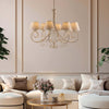 Lampadario-8-Luci-Vienna-Ferro-Avorio-E-Oro-Con-Paralumi-In-Pvc