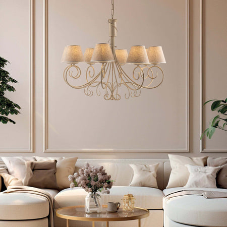 Lampadario-8-Luci-Vienna-Ferro-Avorio-E-Oro-Con-Paralumi-In-Pvc