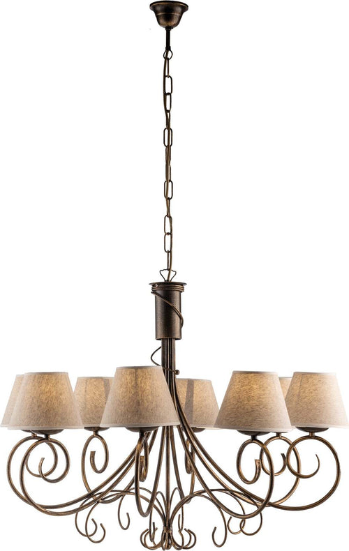 Lampadario-8-Luci-Vienna-Ferro-Marrone-E-Oro-Con-Paralumi-In-Pvc
