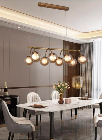 Lampadario-A-Sospensione-8-Sfere-In-Vetro-Ambra-Lampada-Soffitto-Metallo-Bronzo