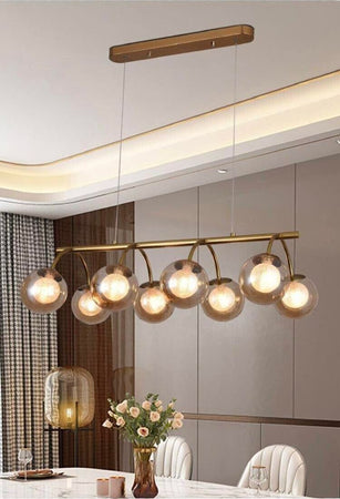 Lampadario-A-Sospensione-8-Sfere-In-Vetro-Ambra-Lampada-Soffitto-Metallo-Bronzo