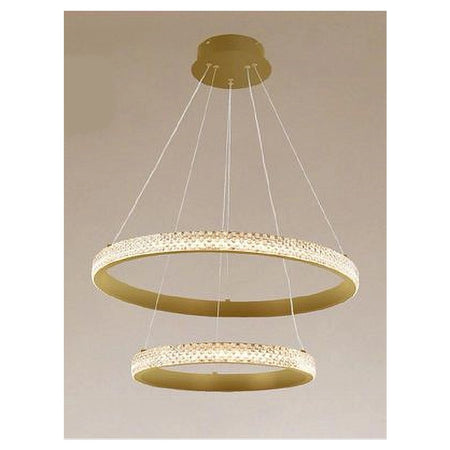 Lampadario A Sospensione Led 60w 2 Cerchi Anelli Cristallo Telecomando Oro 31975