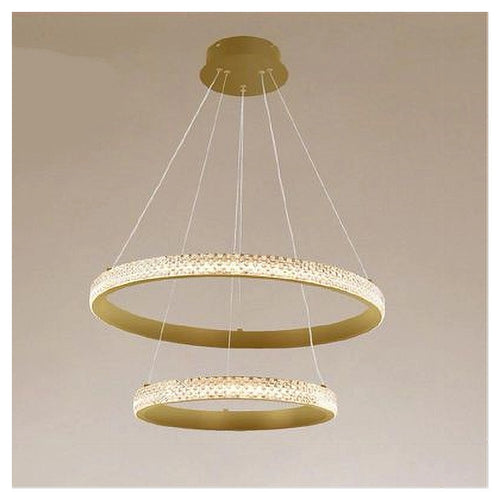 Lampadario A Sospensione Led 60w 2 Cerchi Anelli Cristallo Telecomando Oro 31975