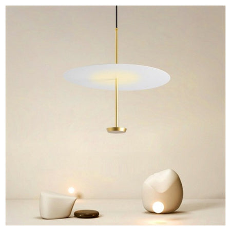 Lampadario A Sospensione Luce 4000k Led 18w Disco Paralume Piatto Bianco Oro Tondo 33191