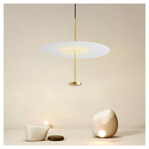 Lampadario A Sospensione Luce 4000k Led 18w Disco Paralume Piatto Bianco Oro Tondo 33191