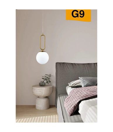 Lampadario A Sospensione Minimalista Ovale Metallo Bronzo Con Sfera Vetro G9 A96