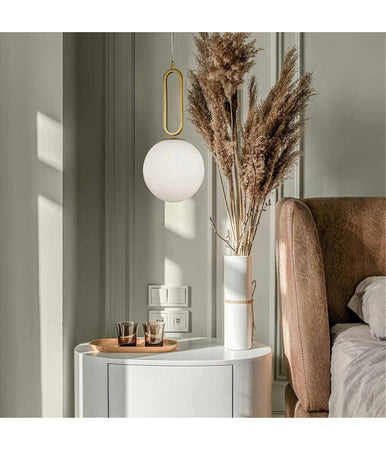 Lampadario A Sospensione Minimalista Ovale Metallo Bronzo Con Sfera Vetro G9 A96
