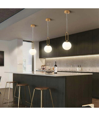 Lampadario A Sospensione Minimalista Ovale Metallo Bronzo Con Sfera Vetro G9 A96